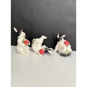 K&B Tumbling Bunny Rabbit Figurines Ceramic Set of 3 Kitsch Bunnies Rabbits 4”